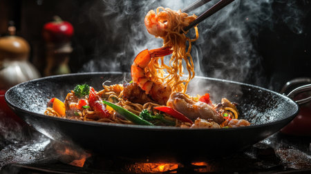A thrilling capture of wok noodles soaring with juicy prawns and colorful vegetables, emphasizing the art of meat preparationの素材
