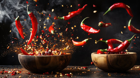 A dramatic freeze-motion shot of vibrant spices and chili peppers flying from rustic wooden bowls against a black background, with flames splashing around them,の素材