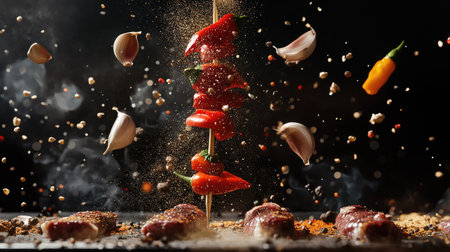 A stunning shot featuring hot red peppers, garlic cloves, and various spice powders levitating above juicy meat stakes,の素材