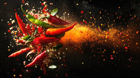 A thrilling capture of an array of spices and fresh chili peppers in mid-flight, with flames and colorful powders enhancing tの素材
