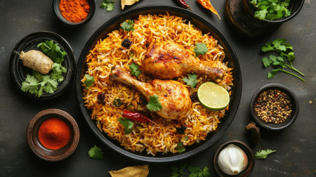 A plated Chicken Biryani surrounded by fresh ingredients and spices, positioned to allow for a generous copy space for promotional useの素材