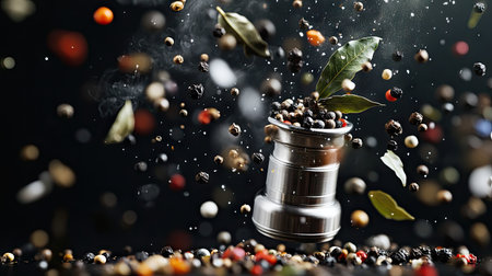 A thrilling freeze-motion image of two spice mills floating above a dark surface, with colorful peppercorns and fresh bay leaves swirling aroundの素材
