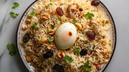 A tempting top-down shot of chicken pulao with a perfect balance of fried onion, egg, nuts, and raisins on a ceramic plate,の素材