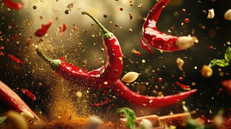 A thrilling composition of spices, hot red peppers, and garlic flying in a freeze-motion scene above meat stakes,の素材
