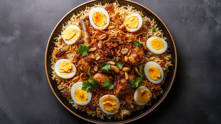 A mouthwatering top-down view of a plate of chicken pulao with crispy fried onion, halved boiled eggs, nuts, and raisins,の素材
