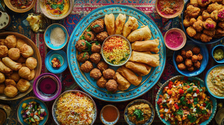 A top view of a colorful Arabic Ramadan food spread, featuring fried rolls, chicken biryani, kofta, pakoras, and samosas, beautifully arranged on a traditional table.の素材