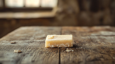 A single piece of kaju katli placed on a rustic wooden table, with a blurred background offering generous copy space for advertisementsの素材