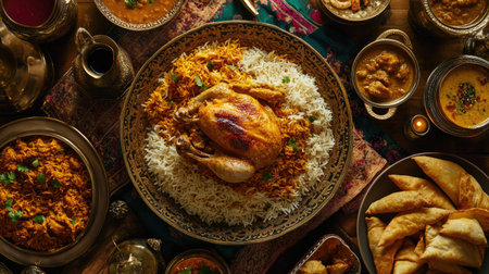 A rich top-down image of a Ramadan feast featuring chicken curry, spicy biryani, naan, samosas, and dal,の素材