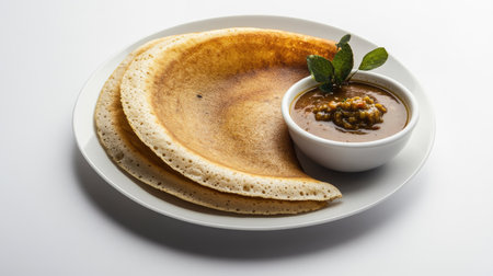 A perfectly golden dosa served on a white plate, accompanied by coconut chutney and sambar,の素材