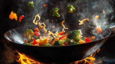 A striking image of a wok in mid-motion, with colorful ingredients like broccoli and noodles caught in the air, all enveloped in dramatic flames,の素材