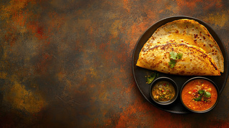 A stunning dosa served with a side of spicy sambar and chutney, set against a neutral backgroundの素材