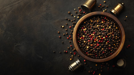A stunning overhead view of a wooden bowl filled with various peppercorns, with spice grinders and shakers levitating above itの素材