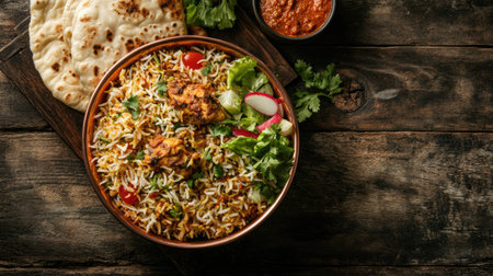 A richly spiced Chicken Biryani served in a copper bowl, with naan bread and fresh salad, captured from above on a textured, dark wooden surface.の素材