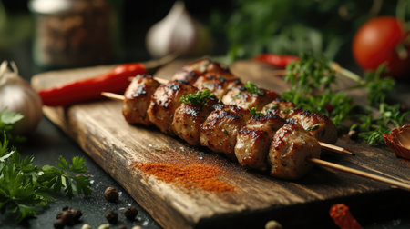 A single succulent kebab on a wooden board, surrounded by fresh herbs and spices, with a soft-focus background providing a generous area for text overlay.の素材