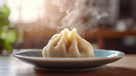 A single steaming momo placed on a clean plate, with a blurred background providing generous copy space,の素材