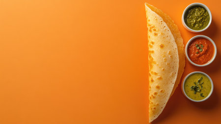 A single crispy dosa on a plain background, with a side of colorful dips, creating an inviting area for text overlay or promotional use without distractions.の素材