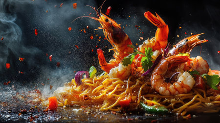 A stunning freeze-motion shot of vibrant Asian wok noodles soaring through the air, mixed with succulent prawns and colorful vegetables,の素材