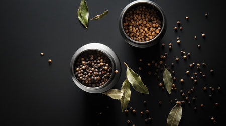 A stunning overhead capture of two spice mills with levitating ingredients, including peppercorns and bay leaves,の素材