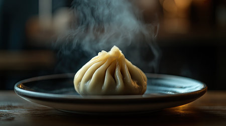 A single steaming momo placed on a clean plate, with a blurred background providing generous copy space,の素材