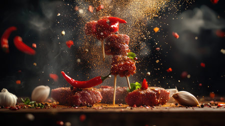 A stunning shot featuring hot red peppers, garlic cloves, and various spice powders levitating above juicy meat stakes,の素材