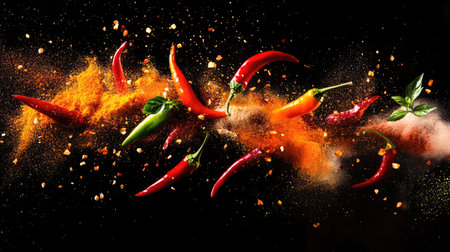 A thrilling capture of an array of spices and fresh chili peppers in mid-flight, with flames and colorful powders enhancing tの素材