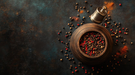 A stunning overhead view of a wooden bowl filled with various peppercorns, with spice grinders and shakers levitating above itの素材