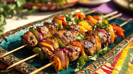 A vibrant display of kebabs on a skewer with garnishes, set on a colorful tablecloth, creating plenty of room around the dish for captions or branding.の素材