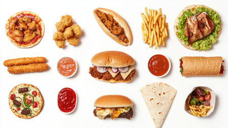 A top view of a variety of fast food items, including fried chicken, fries, pizza, sandwich, corndog, taco, chicken burger,の素材