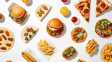 A top-down shot of a variety of fast food items, including chicken burgers, pizza, tacos, shawarma, corndogs, burritos,の素材