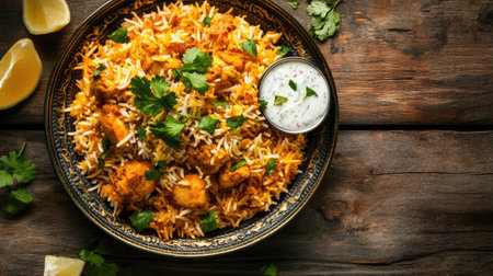 A top view of a traditional Chicken Biryani on a decorative plate, garnished with fresh coriander and served with raitaの素材