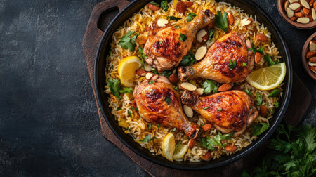 A top view of traditional chicken kabsa, with roasted chicken quarters served on a bed of fragrant rice, garnished with almonds and lemon slices,の素材