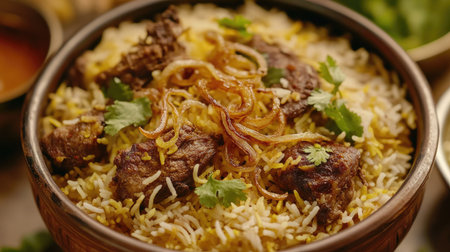 A top view of Indian mutton biryani, with tender pieces of spiced meat and basmati rice, garnished with crispy fried onions and fresh cilantro,の素材