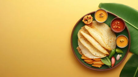 A vibrant serving of dosa with assorted sides, placed on a simple background, allowing for ample copy space for advertisements or informativeの素材