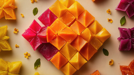 A vibrant display of kaju katli arranged with colorful garnishes, set against a clean background that allows for ample space for promotionalの素材