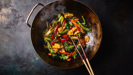 A top view of a hot wok filled with stir-fried vegetables, glistening under the heat, paired with chopsticks ready to serve,の素材