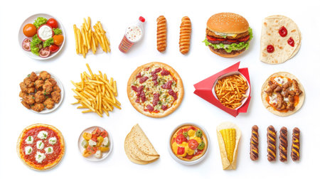 A vibrant fast food set including chicken burgers, crispy fries, pizza slices, tacos, shawarma wraps, corndogs,の素材