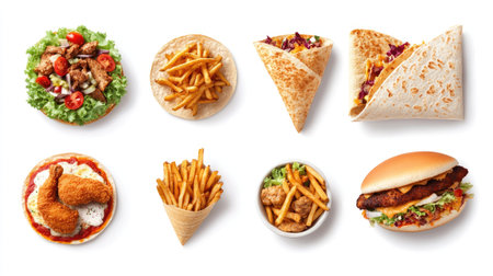A vibrant close-up of a fast food set featuring fried chicken, fries, tacos, pizza, shawarma, burrito, and chicken burger,の素材