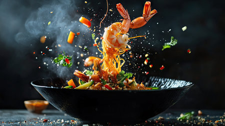 A vibrant scene of wok noodles caught mid-air, with juicy prawns and bright veggies suspended around them,の素材