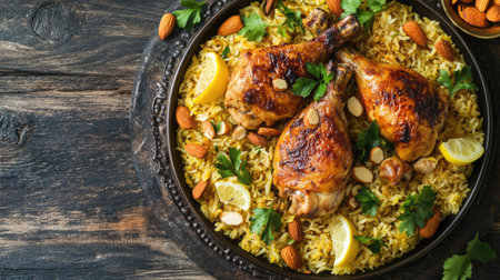 A top view of traditional chicken kabsa, with roasted chicken quarters served on a bed of fragrant rice, garnished with almonds and lemon slices,の素材
