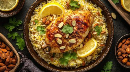 A visually appealing top view of a traditional Chicken Mandi, with golden chicken and basmati rice, garnished with lemon slices and almonds, celebrating the flavors of Saudi Arabian cuisine.の素材