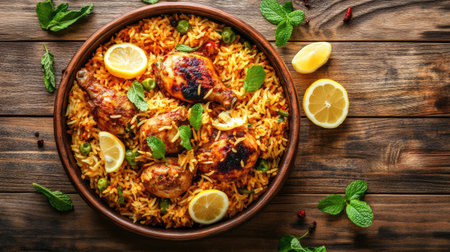 A vibrant shot of spicy Indian chicken biryani served with fresh mint and lemon slices, the dish full of warm golden rice and juicy chicken, set against a wooden background.の素材