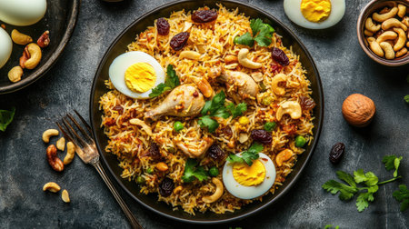 A vibrant overhead image of chicken pulao with golden fried onions, boiled eggs, crunchy nuts, and sweet raisins,の素材