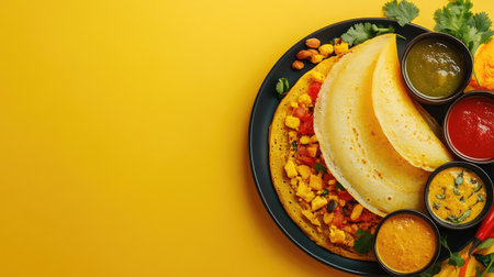 A vibrant serving of dosa with assorted sides, placed on a simple background, allowing for ample copy space for advertisements or informativeの素材