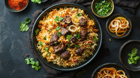 A vibrant top-down image of Indian meat biryani, with tender mutton, aromatic basmati rice, and garnishes of fried onions and cilantro, displaying the richness of Indian spices.の素材