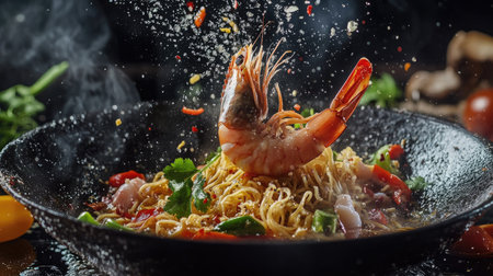 A visually striking freeze-motion shot of noodles, prawns, and assorted vegetables in mid-air, highlighting the delicious combination of ingredients in the preparation of a savory dish.の素材
