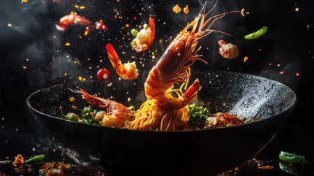 A vibrant scene of wok noodles caught mid-air, with juicy prawns and bright veggies suspended around them,の素材