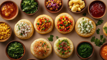 A vibrant arrangement of pani puris with various toppings, displayed against a clean backdrop that allows for ample spaceの素材