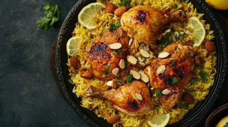 A visually appealing top view of a traditional Chicken Mandi, with golden chicken and basmati rice, garnished with lemon slices and almonds, celebrating the flavors of Saudi Arabian cuisine.の素材