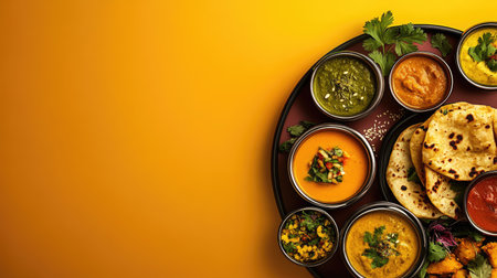 A vibrant thali meal with various Indian specialties arranged artistically, set against a clean background, creating an ideal area for captions or branding.の素材