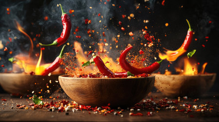 A visually striking shot featuring an explosion of chili peppers and spices in wooden bowls, captured mid-air with flames splashing around, showcasing the vibrant energy of cooking.の素材